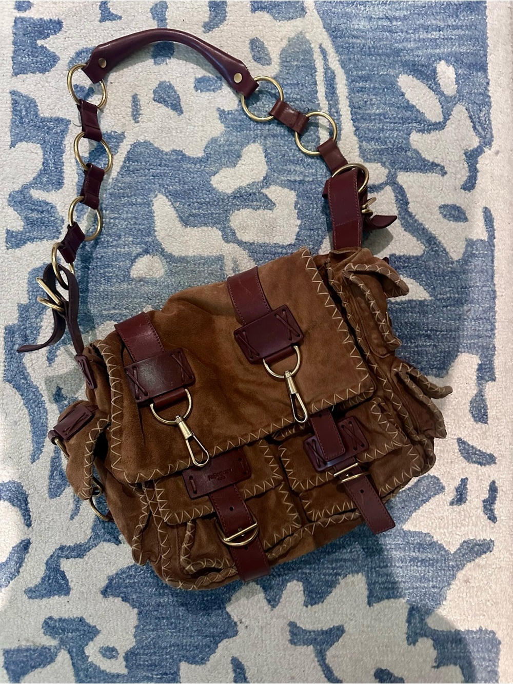 Yves Saint Laurent Brown Suede Shoulder Bag with Dark brown Leather Trim